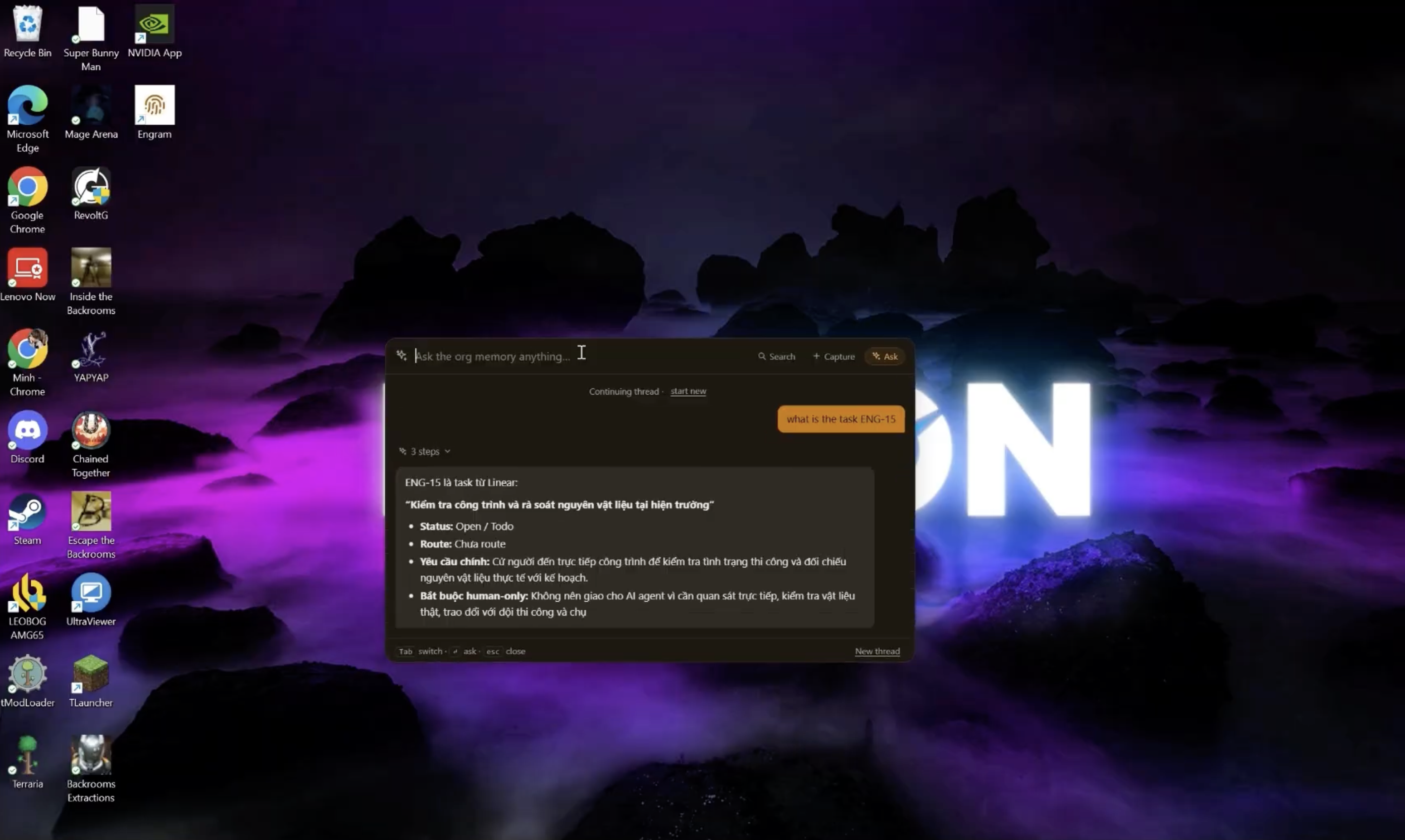 The desktop app floating bubble answering a question