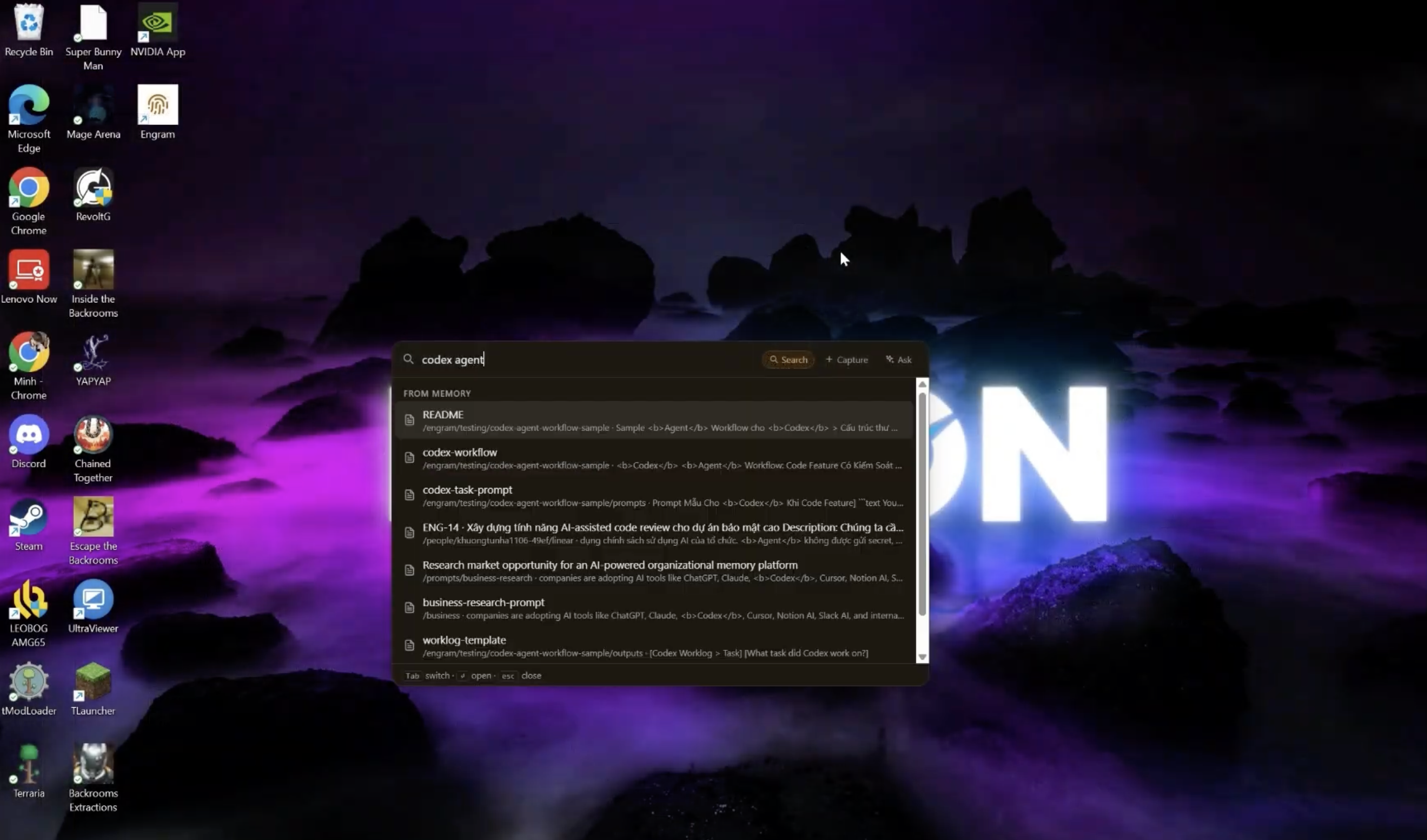 Searching memory in the desktop app